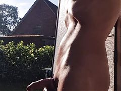 Sexy sunbathing. Who blows my cock in the morning sun? Cum is already dripping from my cock.